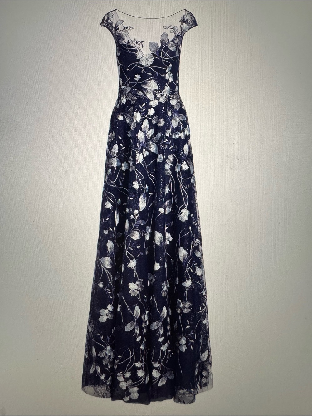 Teri Jon Navy Gown with Silver-White Floral Embroidery